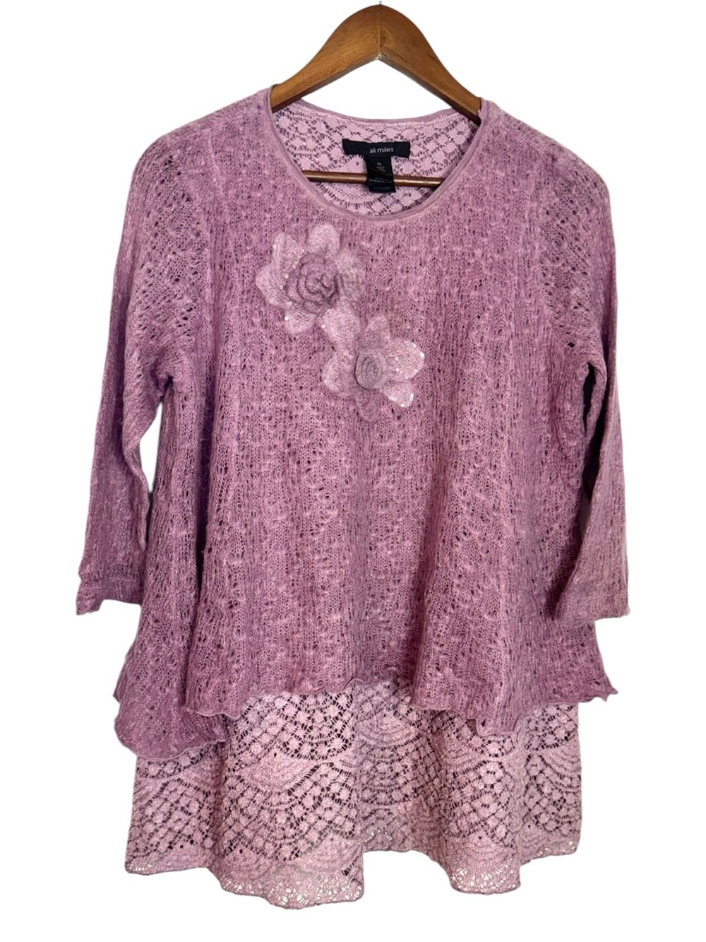 Ali Miles Mauve Floral Lace Appliqué Layered Knit Tunic Sweater Sequin Petite LG